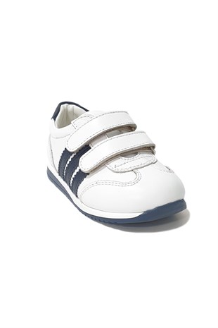 Ortopedik Şeritli Deri Spor Bebek Ayakkabı Beyaz Lacivert