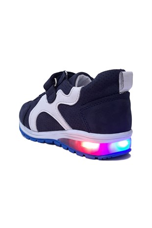 Tek Cırtlı Işıklı Bebek Spor Ayakkabı Lacivert-Beyaz